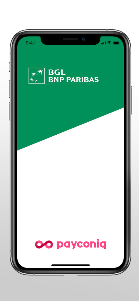 Payconiq – BGL BNP Paribas - Splash screen of the Payconiq mobile payment app featuring the BGL BNP Paribas logo on a green and white background.