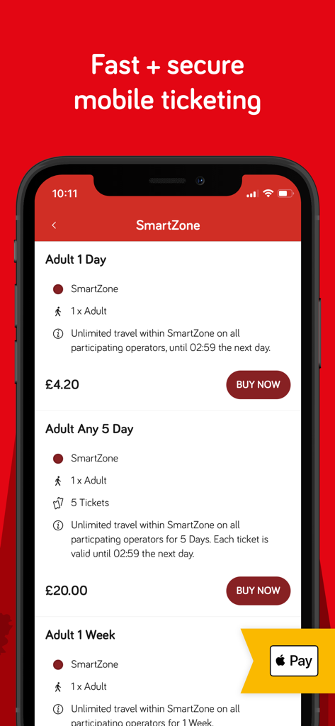 Oxford Bus and Thames Travel - Oxford Bus app mobile ticketing screen showing SmartZone ticket options with prices and Apple Pay support