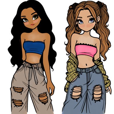 2 girls in crop tops and baggy jeans ripped