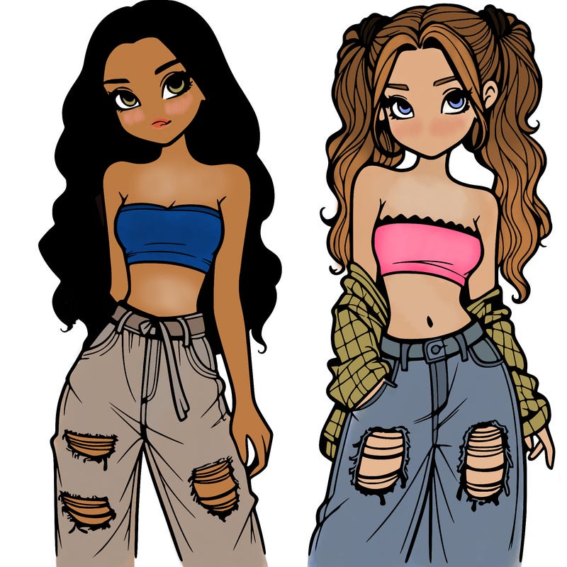 2 girls in crop tops and baggy jeans ripped