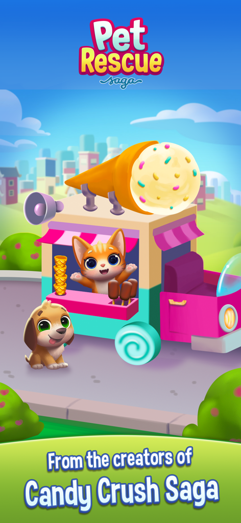 Adorables personnages de chats et de chiens avec un camion de glaces coloré dans Pet Rescue Saga