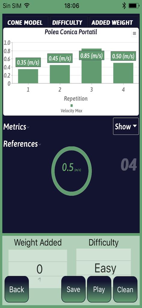 Valkyria Trainer 6.0 - Gráfico de seguimiento de velocidad para polea cónica portátil en Valkyria Trainer 6.0