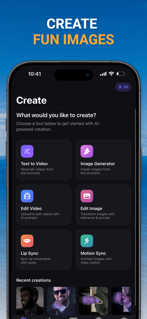 AI Video Generator: Create AI - Una interfaz móvil de la aplicación Generador de Video IA mostrando herramientas de creación como Texto a Video y Generador de Imágenes.