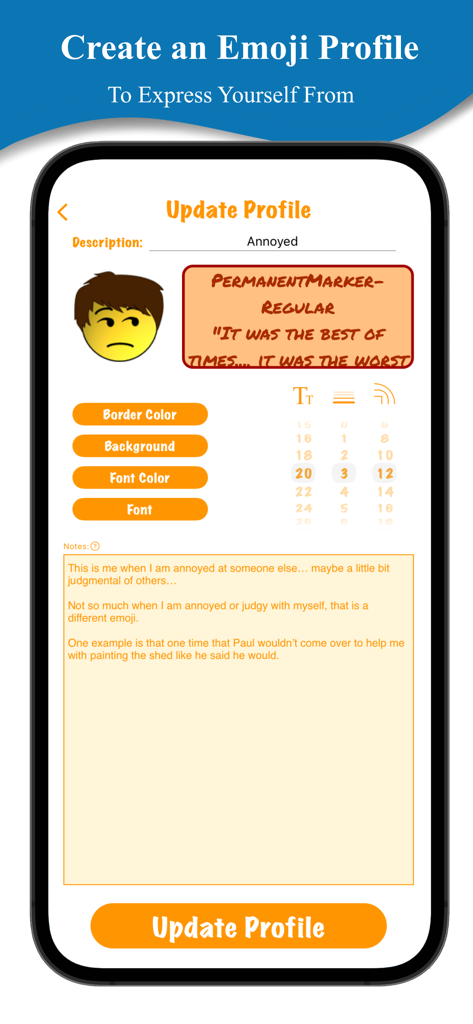 Emoji Journal - The Update Profile screen in Emoji Journal showing customization options for an Annoyed emoji part including font and color settings.