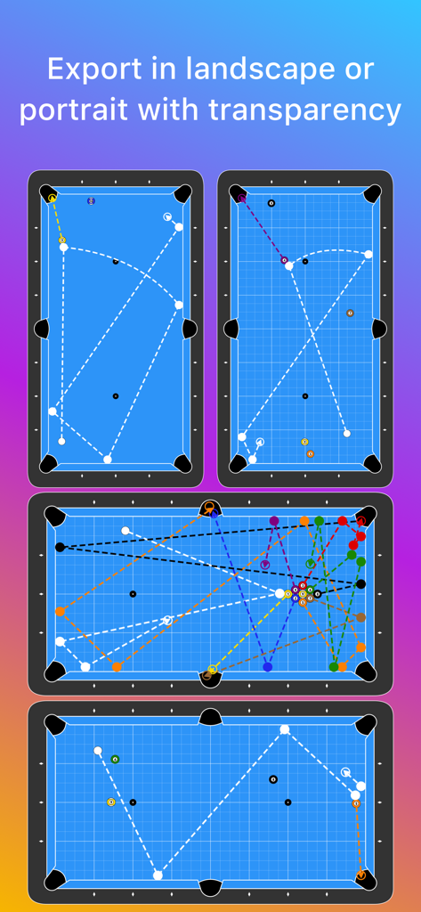 Cue Lab | Shots & Layouts - Billiards shot diagrams shown in landscape and portrait orientations for export