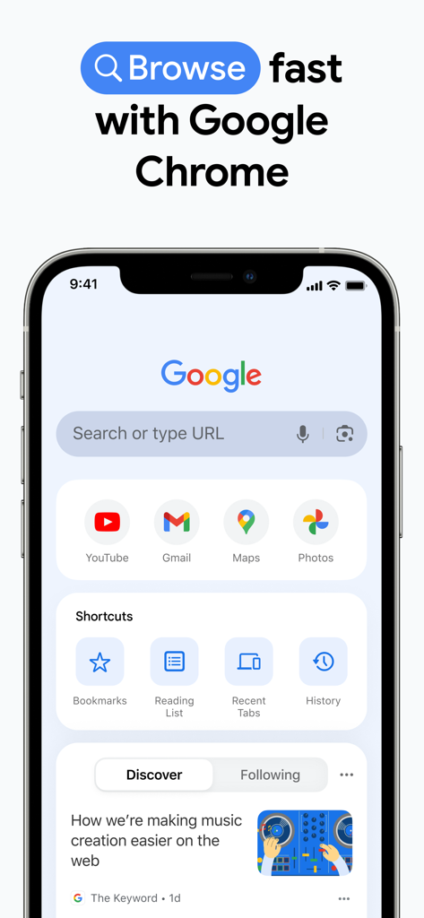 Schermata principale di Google Chrome su iPhone che mostra la barra di ricerca e i collegamenti rapidi alle app di Google