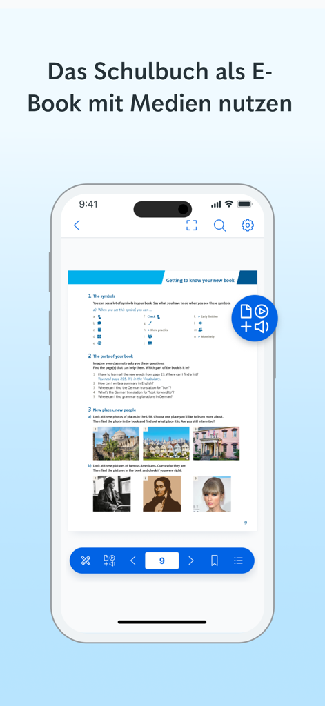 Cornelsen Lernen - Oberfläche der Cornelsen Lernen App, die eine digitale Lehrbuchseite mit interaktiven Multimedia-Icons zeigt