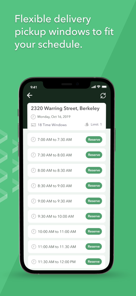 Una interfaz móvil de la aplicación Jitsu Drive mostrando una lista de franjas horarias de recogida disponibles para reservar entregas.