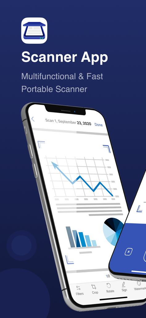Ein Smartphone zeigt die Scanner-App-Oberfläche mit einem digitalen Scan eines Geschäftsdokuments mit Diagrammen und Bearbeitungswerkzeugen wie Zuschneiden und Unterschreiben.