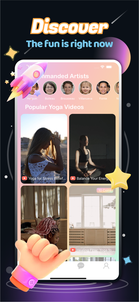 Yova - Share & Chat - Interface do aplicativo Yova mostrando miniaturas de vídeos populares de yoga e instrutores recomendados para compartilhamento social