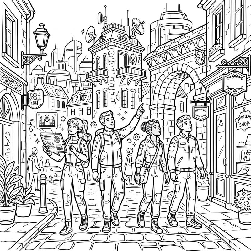 Journey through time with this captivating coloring page featuring a group of futuristic tourists. They marvel at a bustling street where classic architecture meets high-tech wonders from their era.
