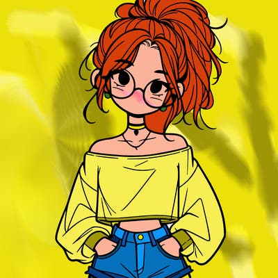 girl with a messy ponytail glasses a baggy crop top and jean shorts