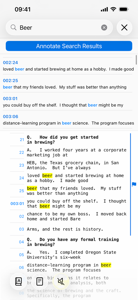 TranscriptPad - Review Depos - Keyword search and highlighted results in TranscriptPad mobile app