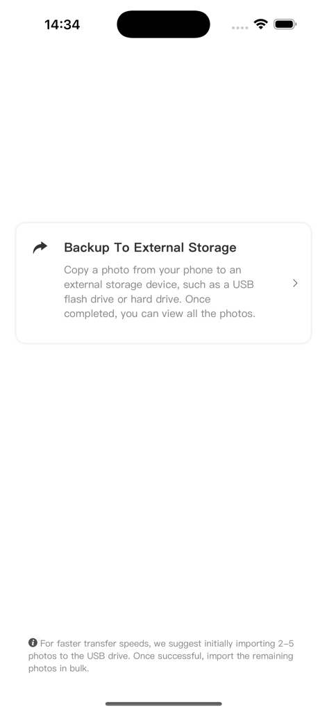 Photo USB Tool - 写真USBツールアプリの画面。外部ストレージへのバックアップオプションが表示され、USBドライブに写真をコピーできます。