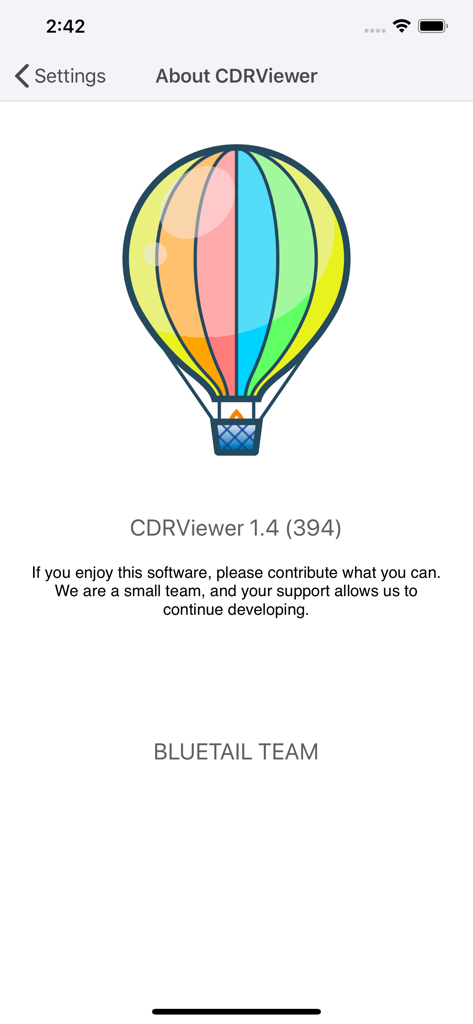 About screen for VectorView app featuring a colorful hot air balloon logo and version information