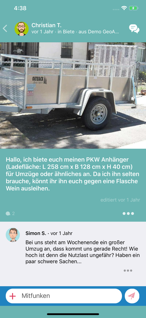 DorfFunk - Screenshot of the DorfFunk app showing a neighborly offer to lend a car trailer for a move