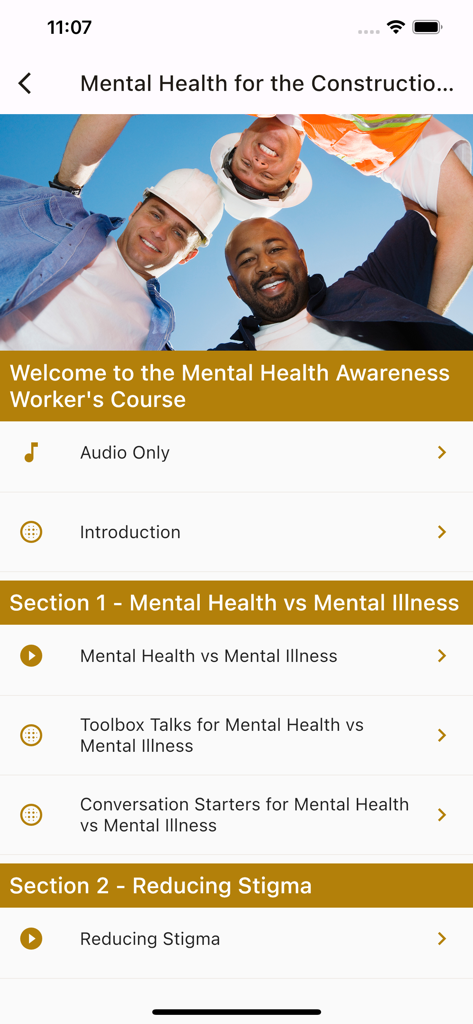CONSTRUCTION MASTERY INSTITUTE - Course menu for Mental Health Awareness in the Construction Mastery Institute app featuring sections on reducing stigma and toolbox talks.