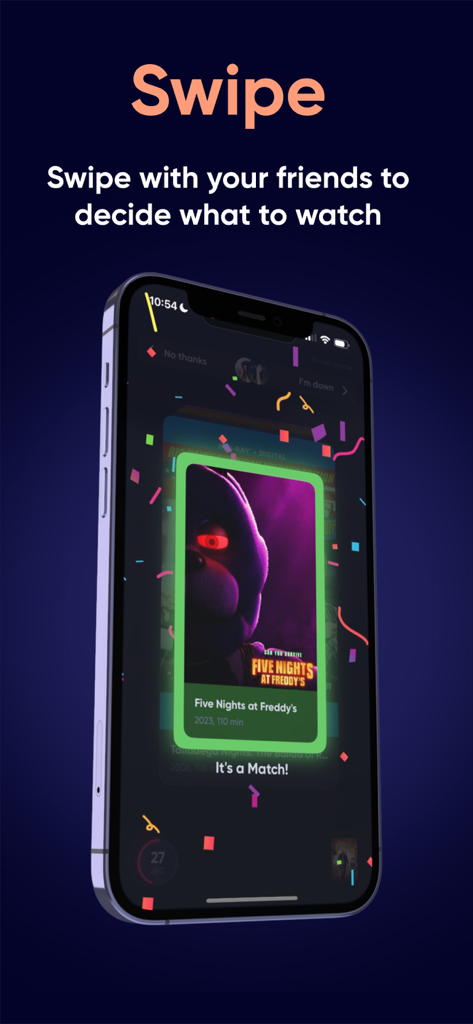 Queue - Find Movies & Shows - Smartphone displaying a movie match result in the Queue app swipe feature