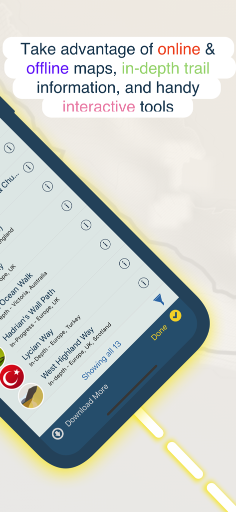 A mobile app interface for TrailSmart showing a list of global hiking trails and offline map features.