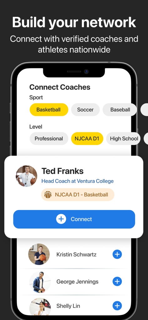 FieldLevel app screen for connecting with verified coaches and athletes featuring a basketball coach profile