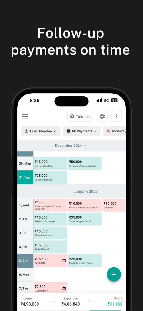 LeedsApp: Lead Management CRM - LeedsApp mobile interface showing a business payment follow up calendar with income and profit details