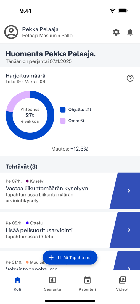 Dashboard do atleta MyE.Way exibindo um gráfico de horas de treinamento e tarefas pendentes para monitoramento de desempenho
