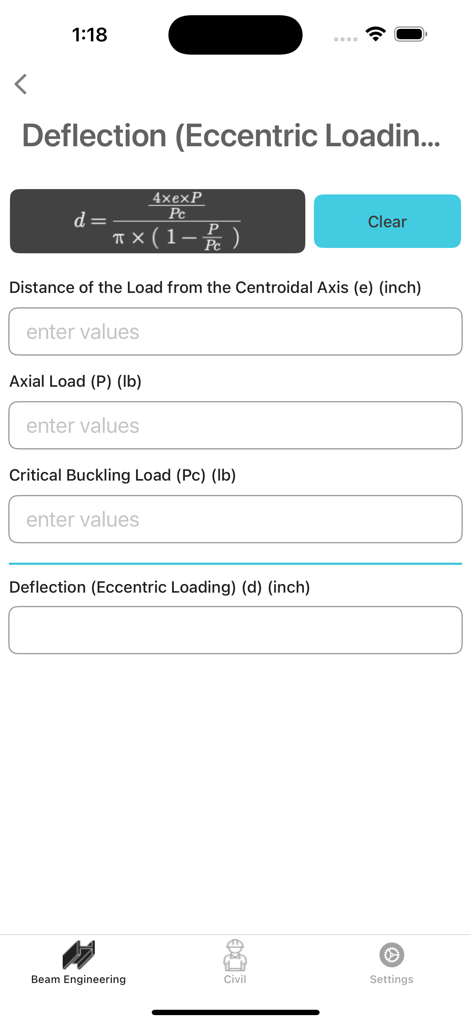 Beam Engineering lite app screen showing a deflection calculator for eccentric loading using imperial units