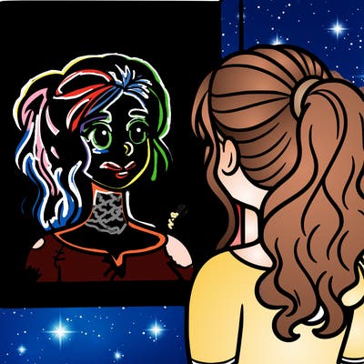 a woman looks at her reflection in the mirror