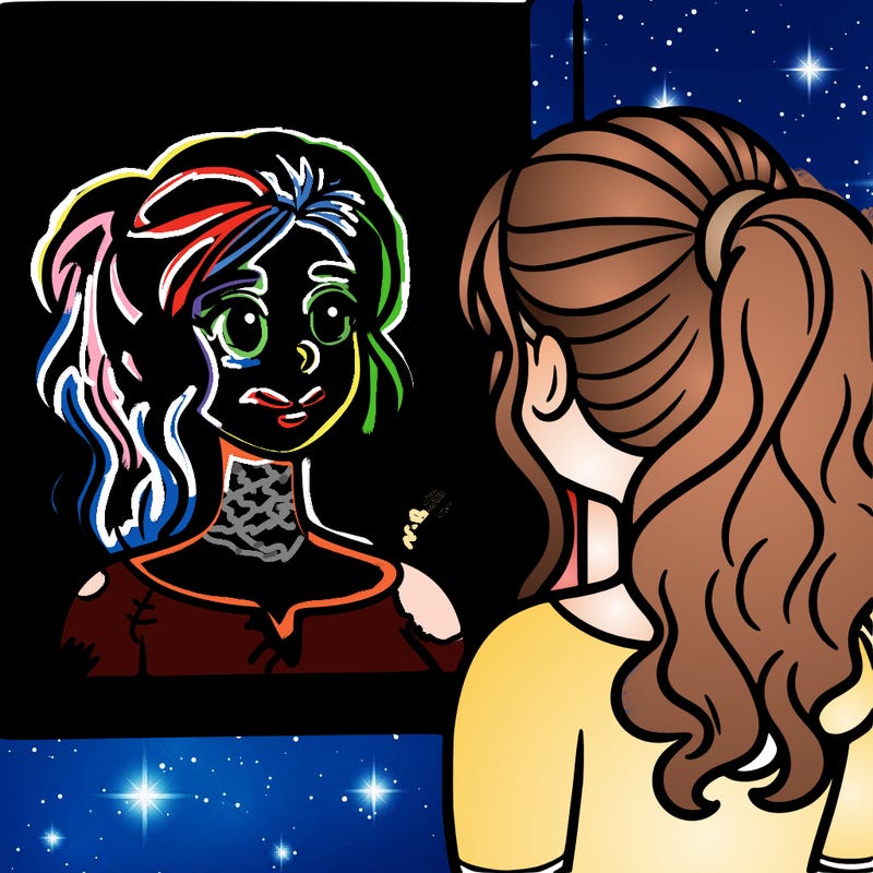 a woman looks at her reflection in the mirror