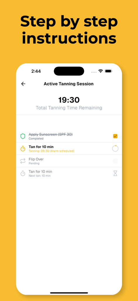UV Tan: Tanning & Sun Tracker - UV Tan app screenshot showing the active tanning session timer and step by step instructions.