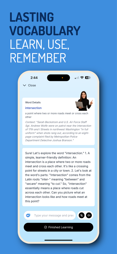 Lexioo app interface demonstrating advanced English vocabulary learning through AI explanations