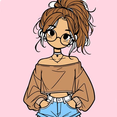 girl with a messy ponytail glasses a baggy crop top and jean shorts