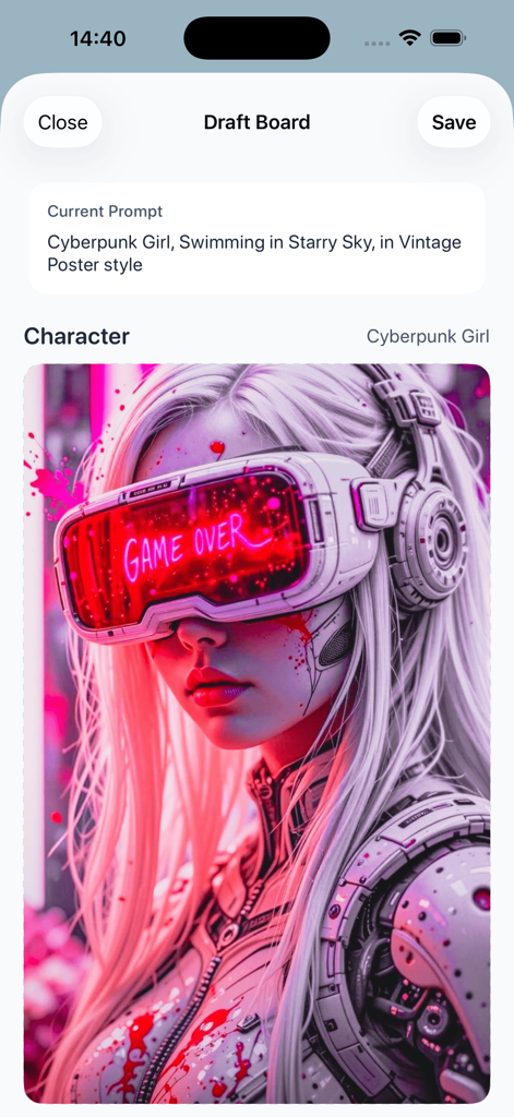 Yoban - Yoban-App-Oberfläche, die ein Entwurfsboard mit einem kreativen Prompt für ein Cyberpunk-Mädchen und einem KI-Referenzbild eines Charakters mit einem digitalen Headset zeigt.