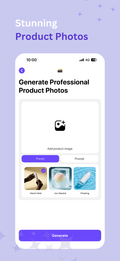 PIPITAI: Studio & Model - PIPITAI app screen for generating professional AI product photos with presets like handheld and floating styles