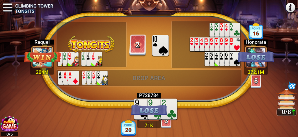 Poker & Slots - Poker Offline - Gameplay screen of Tongits card game showing players Raquel, Honorata, and P728784 with their respective win and loss status.