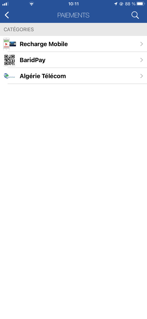 BaridiMob app payment screen showing mobile recharge and Algerie Telecom options