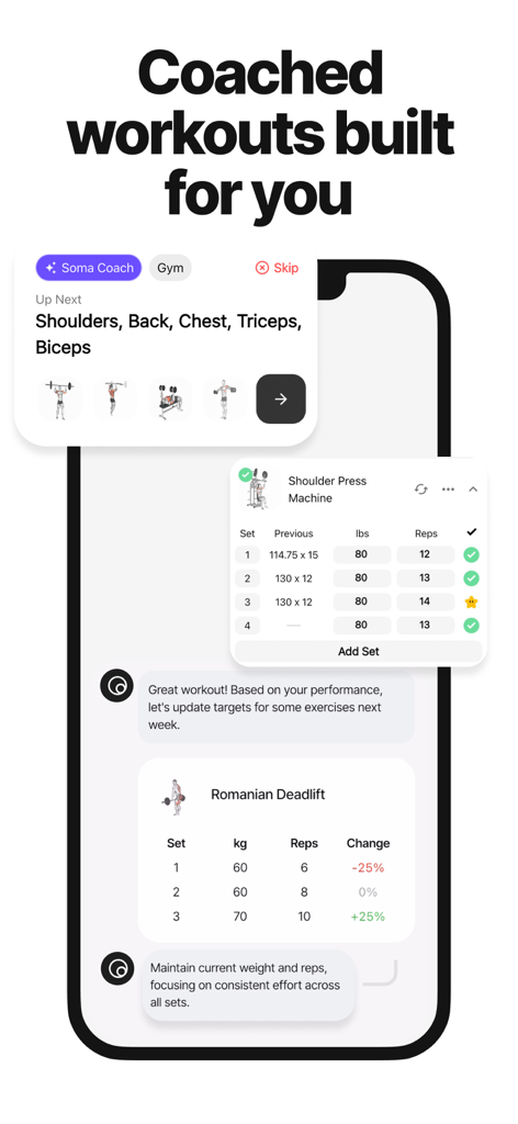 Soma Gym & AI Calorie Tracker - Soma Gym app interface featuring AI coached workouts and performance tracking for strength training.
