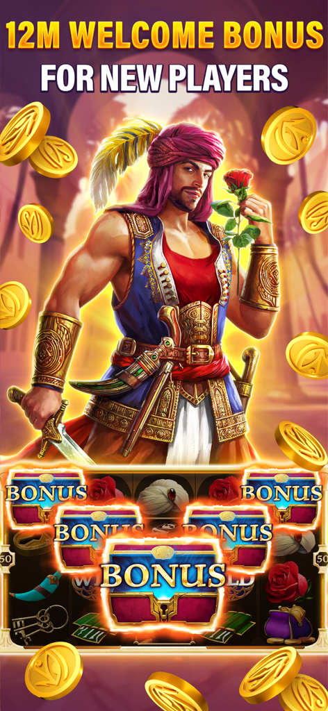 Jeu mobile Slots Era montrant un bonus de bienvenue de 12 millions et le personnage de Thief of Hearts