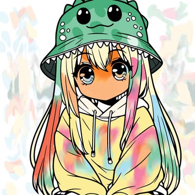 girl with anime shaped eyes with a dinosaur bucket hat oversized sweatshirt long straight hair