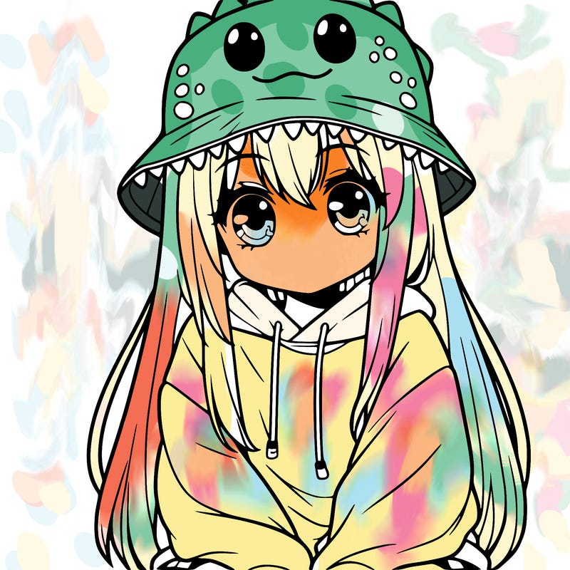 girl with anime shaped eyes with a dinosaur bucket hat oversized sweatshirt long straight hair