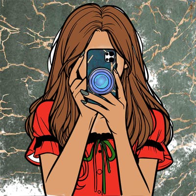 a realistic girl holding her phone taking pictures