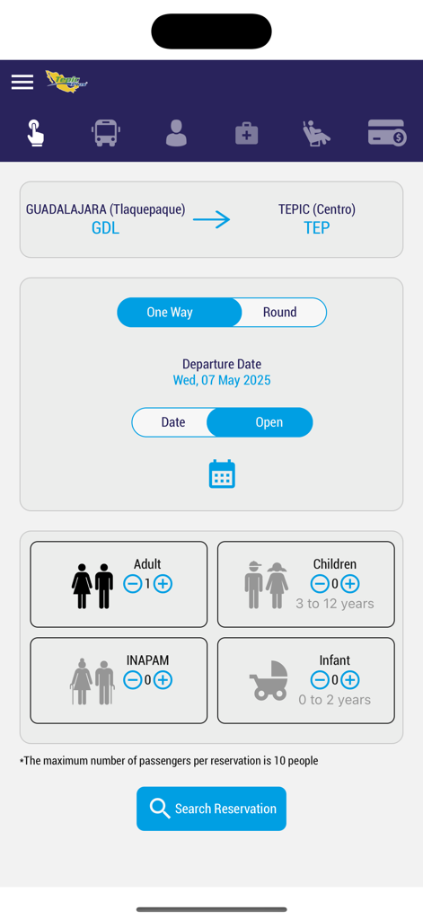 Tepic Plus app screen for searching bus reservations from Guadalajara to Tepic
