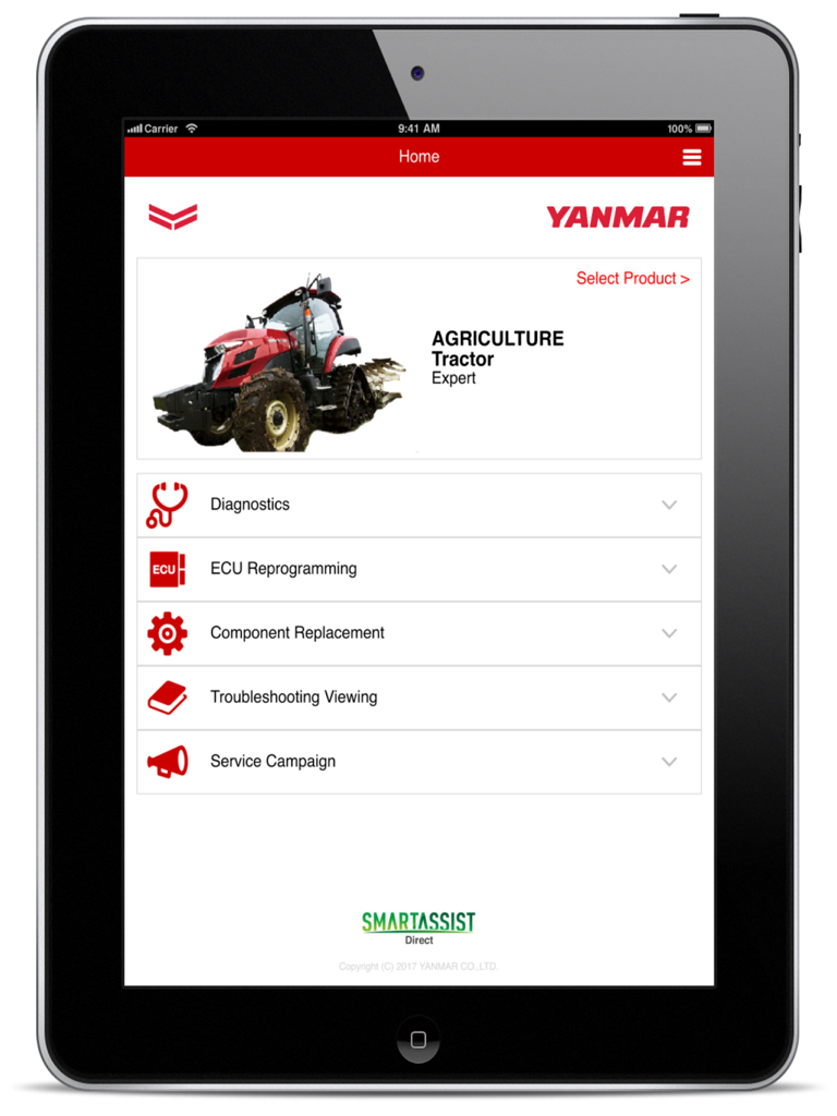 Yanmar SA Direct home screen on iPad showing tractor maintenance and diagnostic options