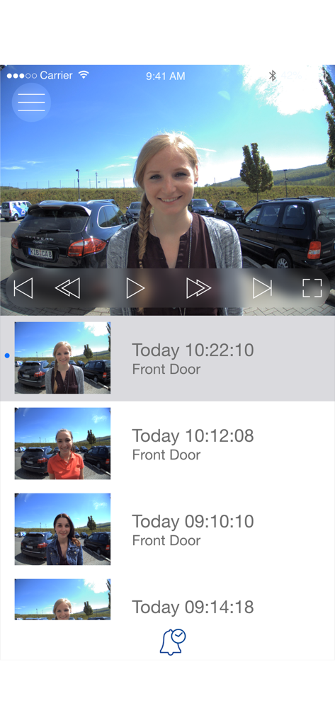 MOBOTIX LIVE - MOBOTIX LIVE app screen displaying a history of recorded doorbell events and video playback controls
