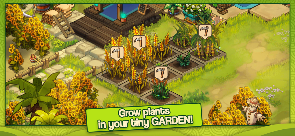 Tiny Shop - Eine handgemalte Gartenszene in Tiny Shop mit Sonnenblumen, erntereifen Feldfrüchten und einer Vogelscheuche.