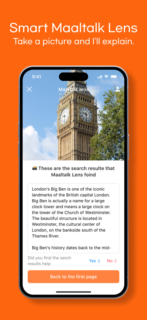 MaaltalkNow: AI Travel, eSIM - MaaltalkNow Smart Lens identifying and explaining London's Big Ben.