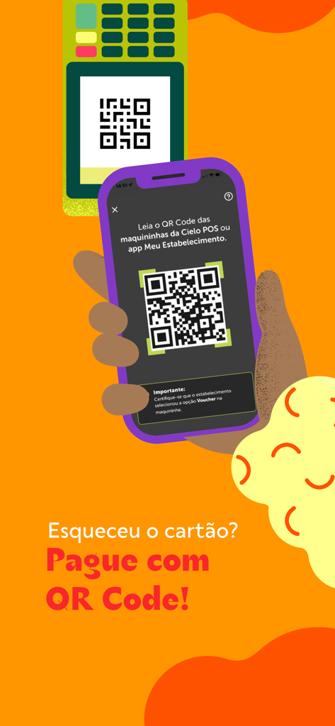 A person using the Meu Alelo app to pay with a QR code on a card terminal