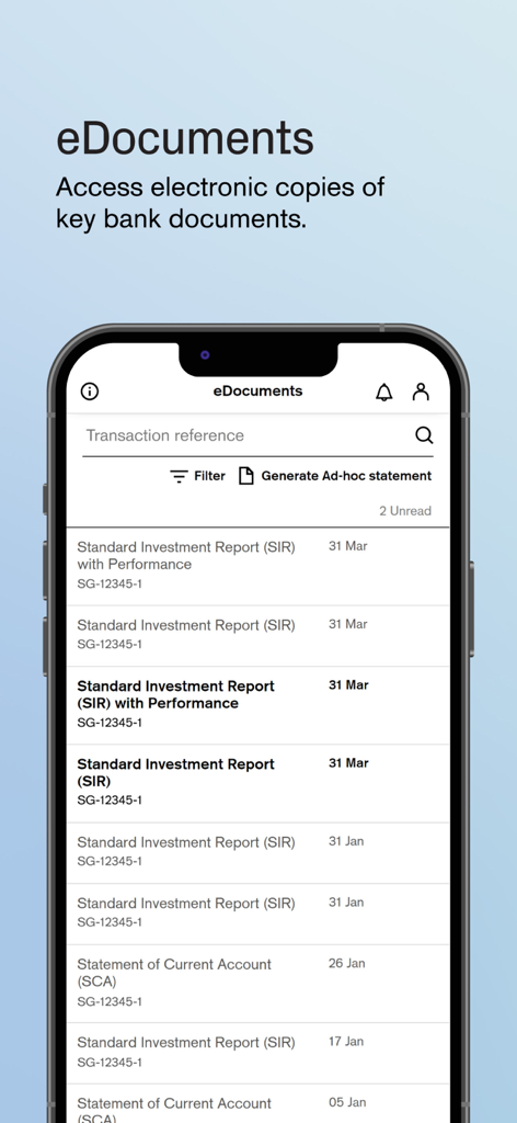 Credit Suisse WM APAC - Credit Suisse Wealth Management mobile app showing a list of electronic investment reports and bank statements.