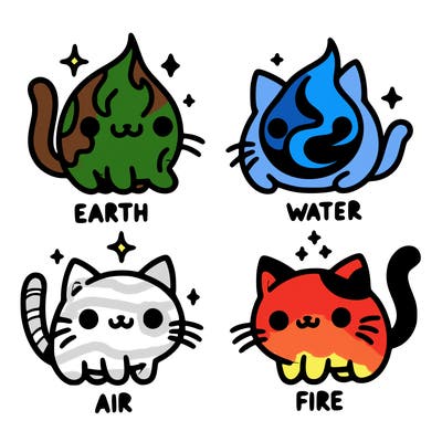 4 cats that represent the different elements, earth, water, air, and fire