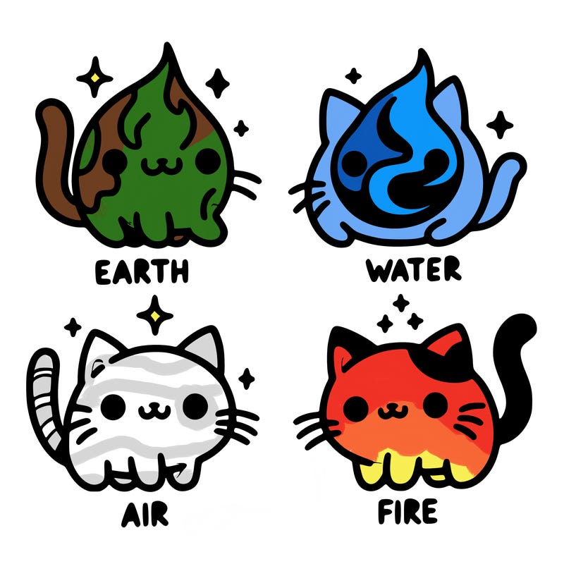 4 cats that represent the different elements, earth, water, air, and fire